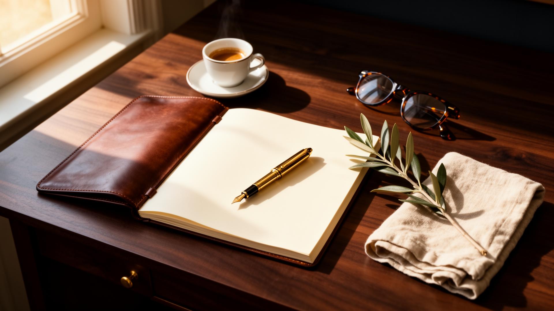 A leather-bound journal, fountain pen, and espresso cup on a walnut writing desk in soft morning light